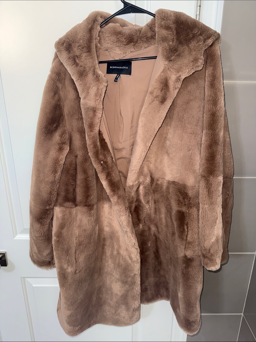 Never Worn Bcbgmaxazria Plush Faux-Fur Hooded Teddy Coat In Brown